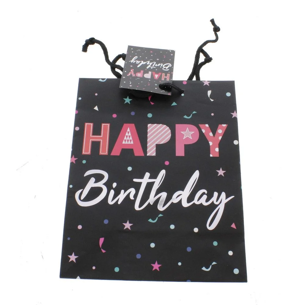 MICA Geschenktasche „Happy Birthday“ – schwarz/bunt | ca. 26 × 12,5 × 32 cm