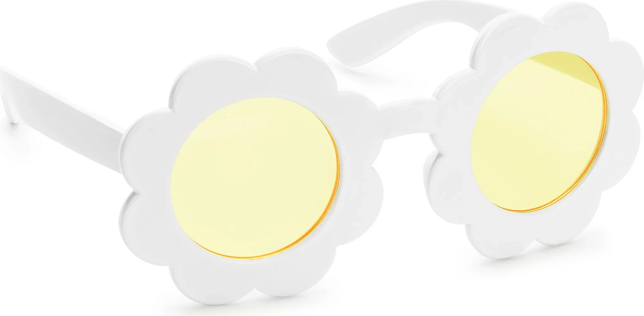 Sonnenbrille in Blumenform – Weiß mit gelben Gläsern, 13×13 cm