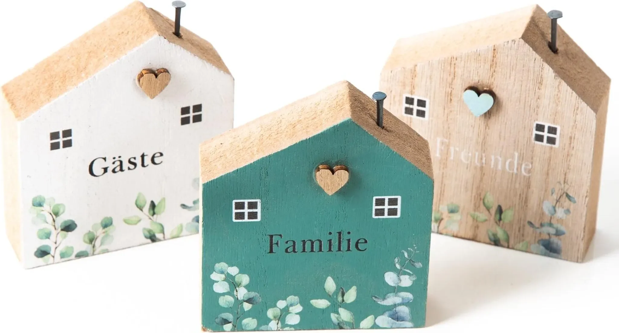 Deko-Holzhäuser 3er-Set – „Familie • Freude • Glück“ – 8 cm, Grün/Weiß/Eukalyptus